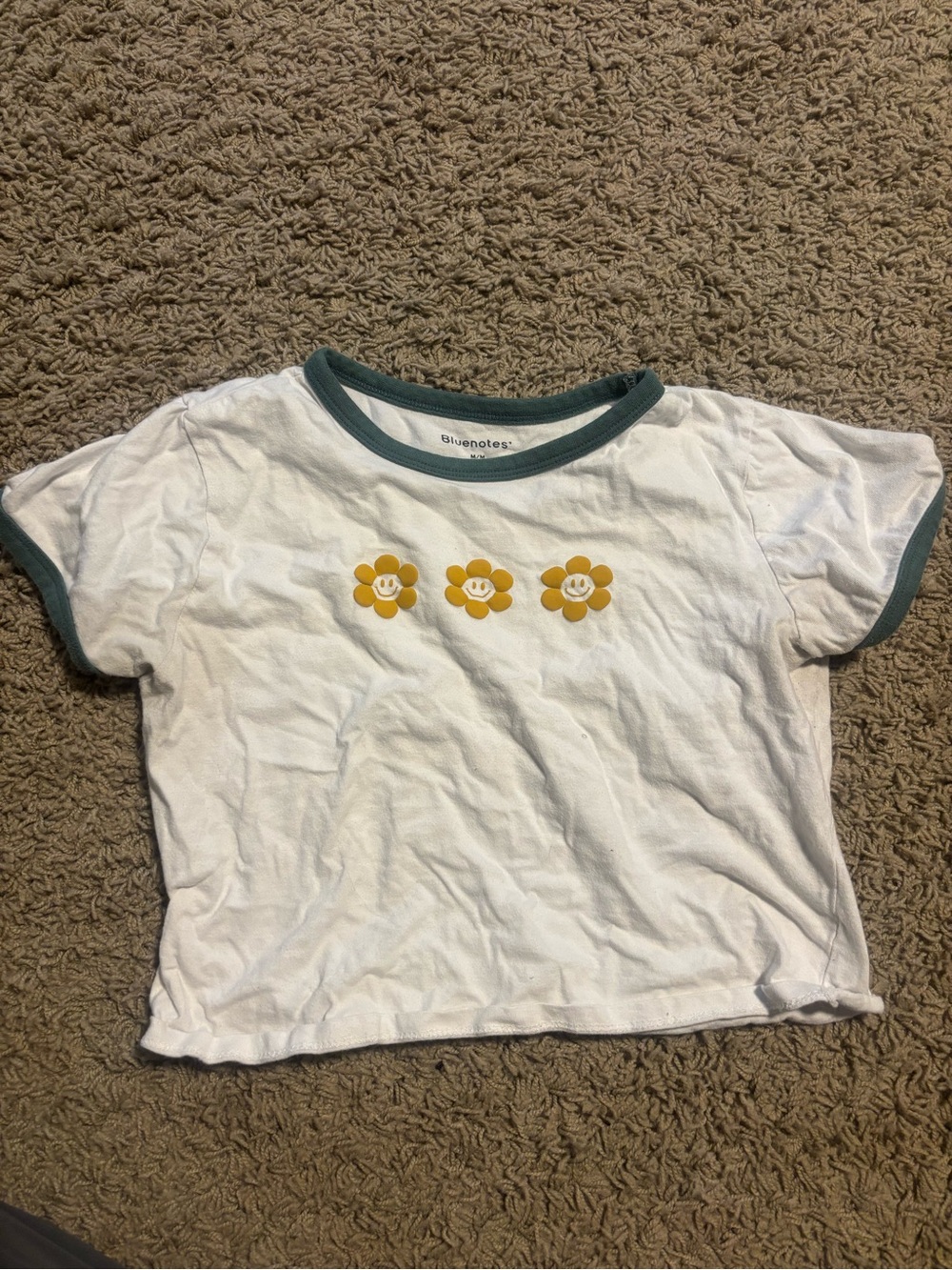 Bluenotes White Tee with Yellow Flower Trio and Green Trim